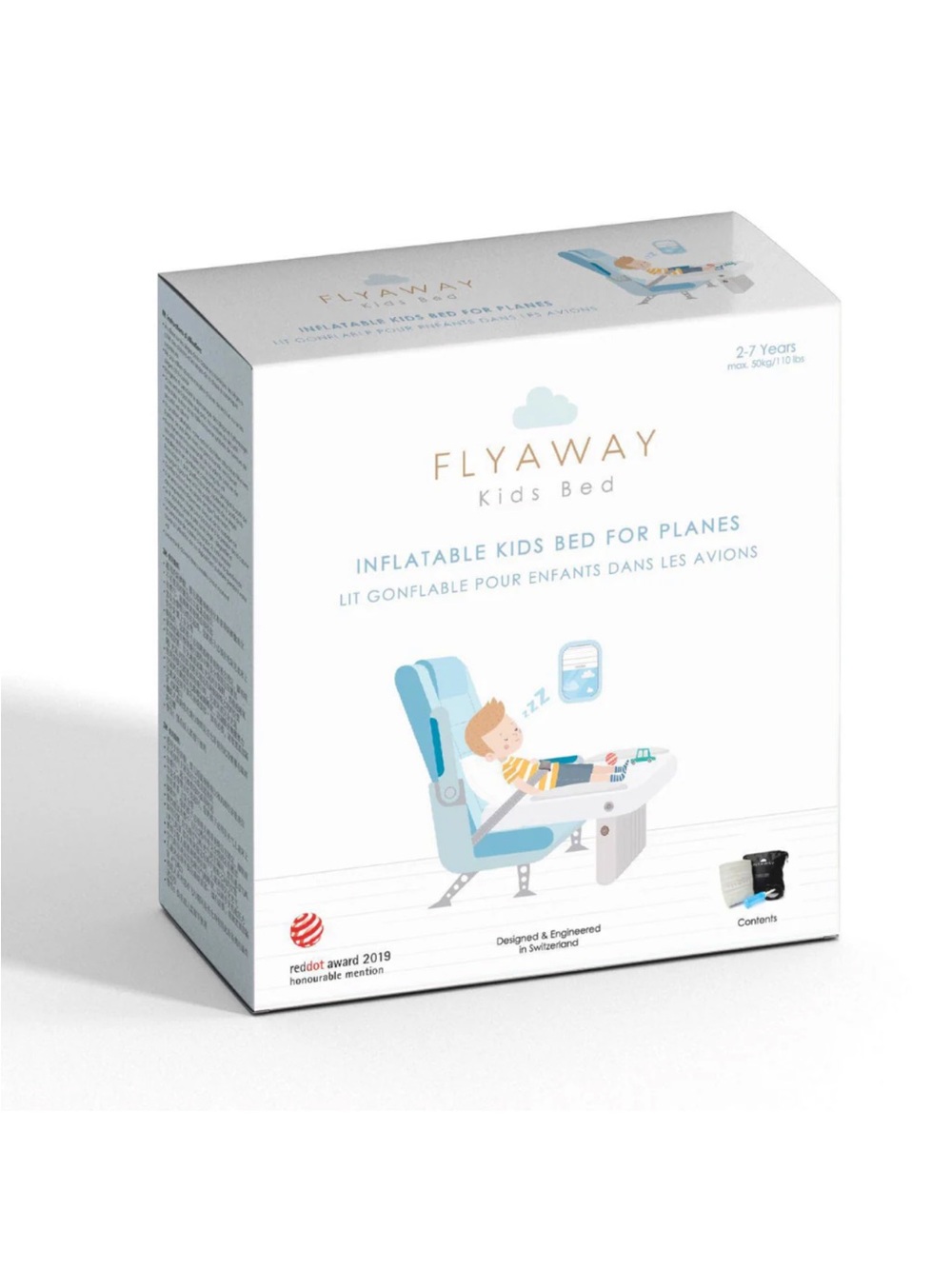 Flyaway Kids Bed Inflatable Travel Pillow in White and Light Blue Perfect